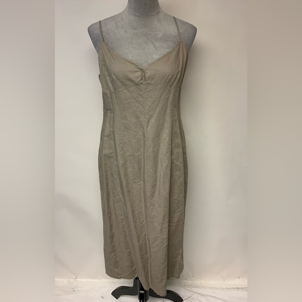H &M Linen Blend Midi Dress Vacation Resort Beachy Coastal Neutral Resort SZ 12